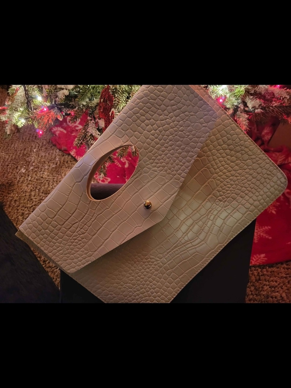 Ivory Croc-Embossed Cutout Handle Clutch